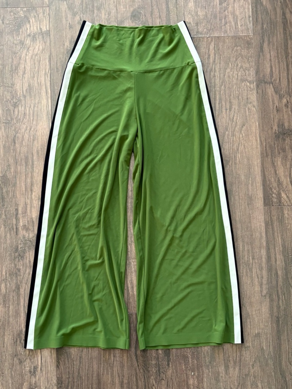 Norma Kamali Olive Green Wide-Leg Crop Track Pants with White & Black Stripes